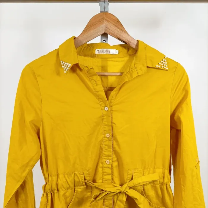 Robe chemise jaune moutarde Beauty Fashion col à strass ceinture T40 100 % polyester A1269 - photo numéro 2