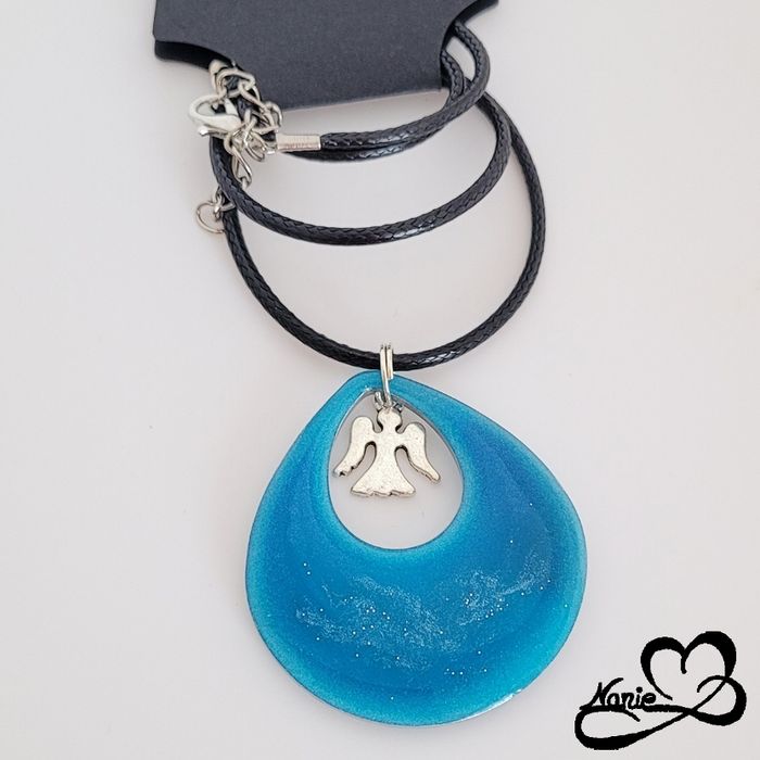 Pendentif bleu céladon pailleté avec un Ange argenté - photo numéro 3