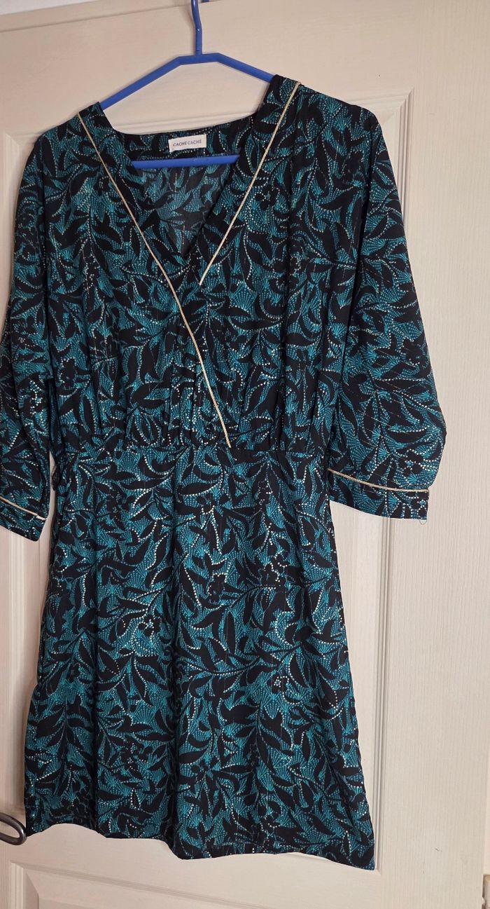 Robe Cache Cache fluide bleu canard & doré – style portefeuille – taille élastique – excellent état - photo numéro 9