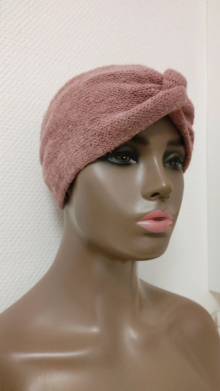 Bandeau tête et cheveux en laine et acrylique rose