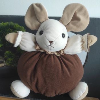 Doudou boule souris beige marron Ajena Vintage Ancienne Colerette 23 Cm