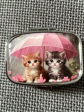 Pilulier rectangulaire 2 adorables petits chats sous un parapluie rose