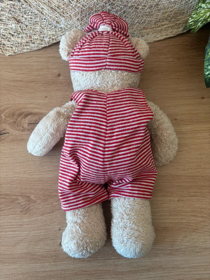Doudou ours beige combinaison rayé rouge the baby collection nicotoy - photo numéro 4