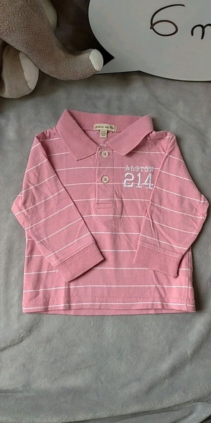 Chemise polo manches longues Garçon 6 mois rose rayé blanc 100% coton Alston 214 Grain de blé - photo numéro 2