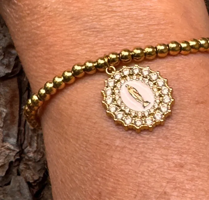 Bracelet réglable boules remplies grosse médaillevierge cristaux blanc - photo numéro 4