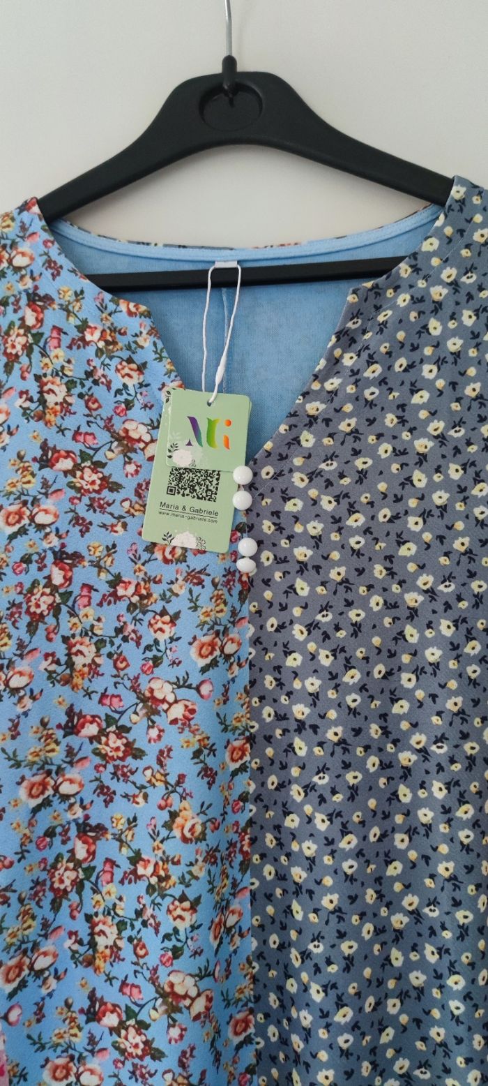 Robe longue fleurie bleu et rose femme taille L – neuve, col V manches 3/4 - photo numéro 6