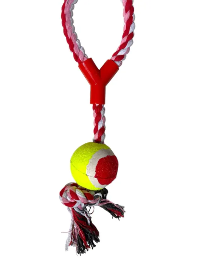Jouet pour chien JK Animals corde tressée rouge/blanche + balle de tennis raccord plastique 40 cm - photo numéro 2