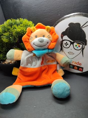 Doudou Tex plat lion orange bleu gris éléphant tigre oiseau Bandana Blanc 3723