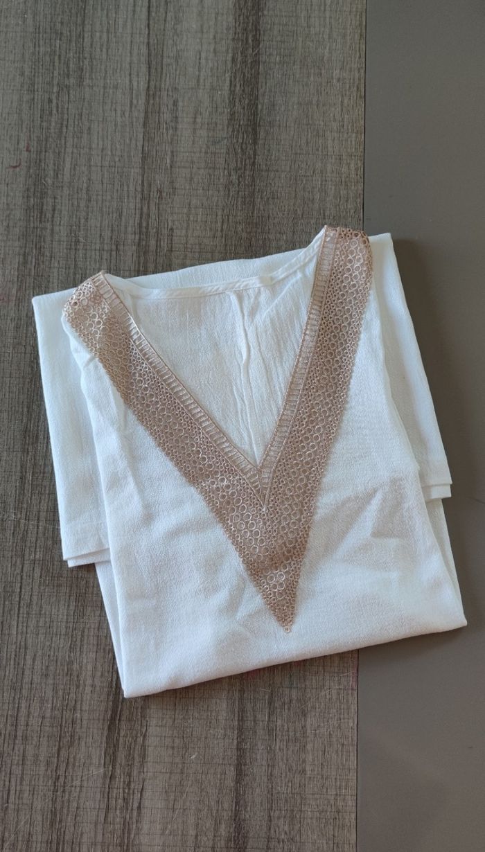 Robe à manches 3/4 et col en V avec bordure contrastée pour femme taille L couleur blanc beige - photo numéro 6