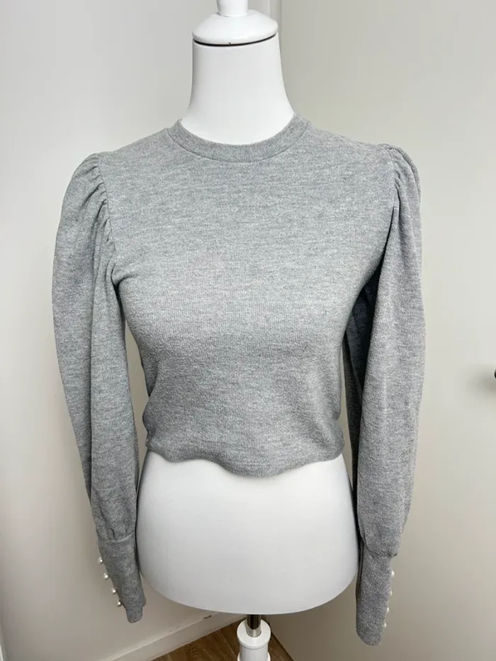Pull gris manches longues vintage Bershka épaule bouffante avec perles taille S