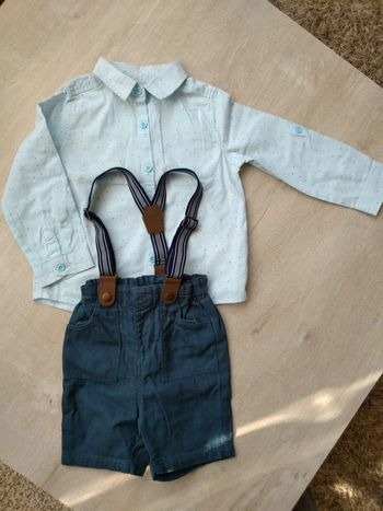 Ensemble chemise manche longue, short et bretelle, taille 18 mois