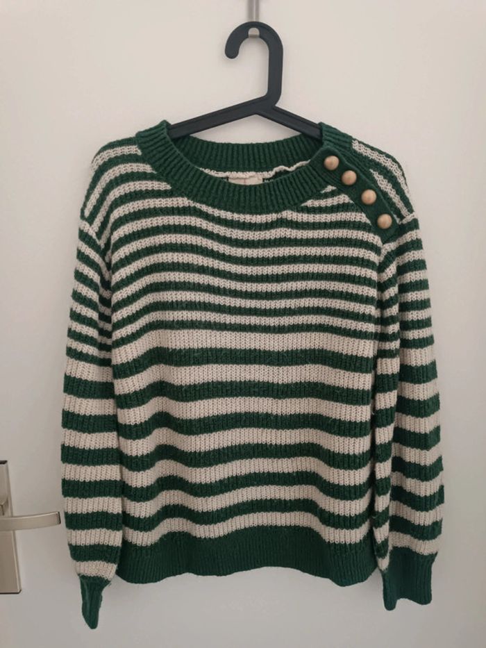Pull d'hiver à mailles, rayures et boutons doux laine et mohair Taille M Leho En très bon état - photo numéro 2