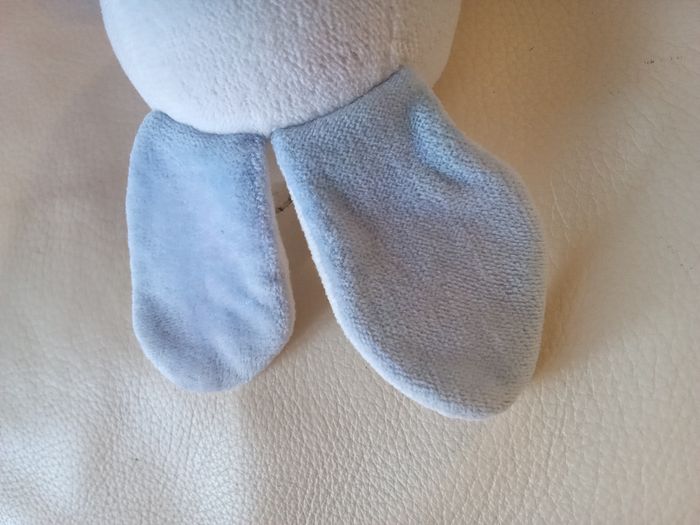Doudou lapin blanc bleu vintage d'occasion 32cm  vichy carreaux yeux noirs durs plastique Natalys Nounours - photo numéro 8