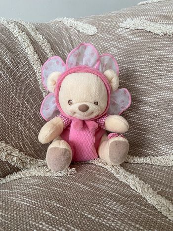 Peluche doudou 22cm Fisher price ours beige et rose à capuche fleur pétale très bon état