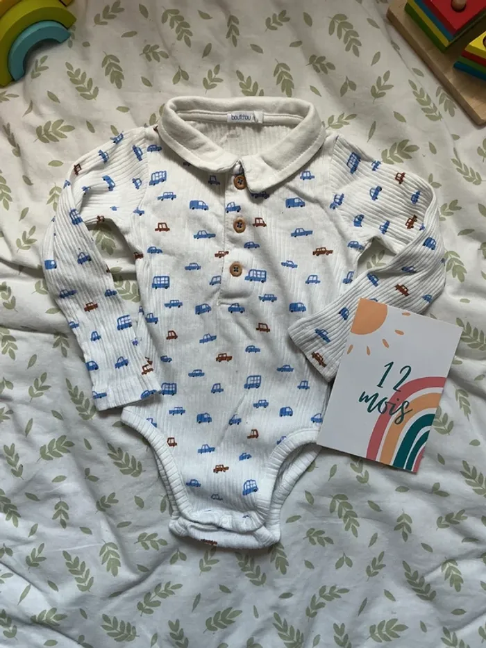 body polo manches longues blanc motifs voitures 12 mois bout'chou - photo numéro 2