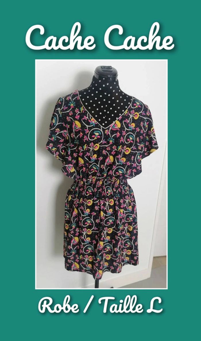 Robe fluide courte fleurs multicolore bleu marine Taille L Cache-cache