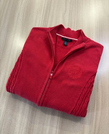 Gilet Tommy Hilfiger rouge torsadée – Taille L – Coton – Écusson brodé