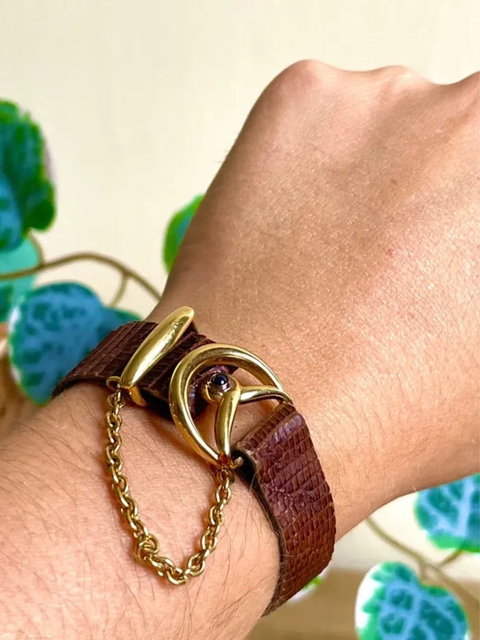 sublime Bracelet cuir lezard marron boucle metal dore avec chaine - photo numéro 9