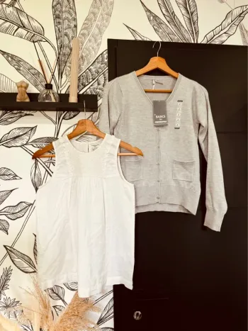 Taille 14 ans blouse et gilet fille Cyrillus Orchestra blanc gris 🩷