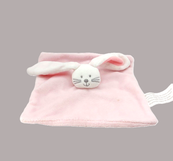 Doudou plat lapin blanc rose KIMBALOO LA HALLE moustaches grises