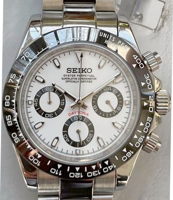 ✅NeUF MAGNIFIQUE MONTRE MARQUE SElKO CHRONOGRAPH BLANC DAYT0NA 40MM VERRE SAPHIR MOUVEMENT SElKO MEC