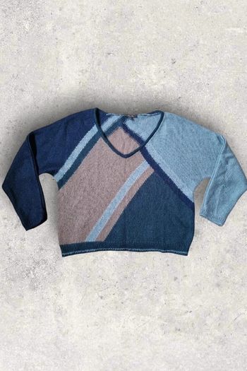 Pull Bel Air en mohair col V bleu et taupe avec fil doré taille 2 ou 38