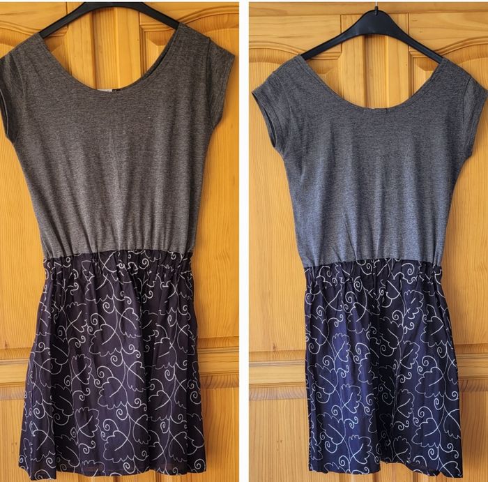 Play Robe TFr38/TM-Noir & Gris- MC-Bi-matières Jersey et Tissu Imprimé- Taille élastiquée enTBE - photo numéro 3