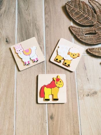 🐑Lot de 3 petits puzzles mouton, cheval et lama premier âge en bois