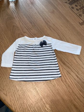Tee-shirt bébé fille Kiabi Blanc à rayures bleu Marine et paillettes  Noeud en tulle