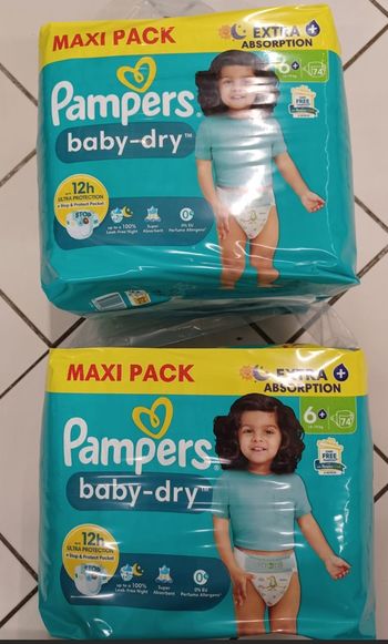 2 cartons couches Pampers baby-dry Taille 6+ - carton de 74 couches