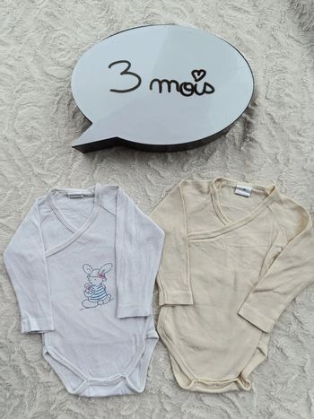 Lot de 2 bodies croisés manches longues Garçon 3 mois Lapin 100% coton