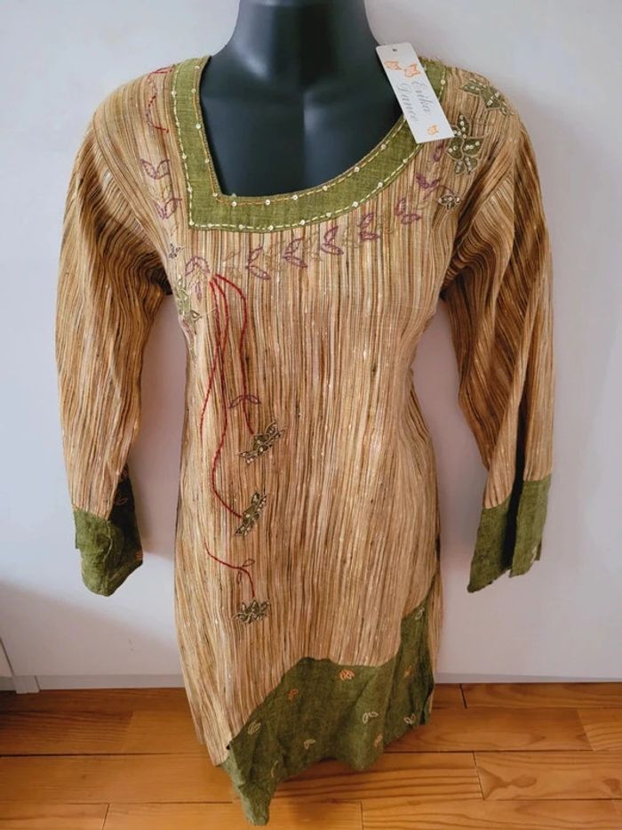 Robe tunique coton lin jute paillettes broderies M/38/10