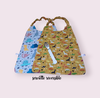 Serviette de cantine élastique réversible enfant, bavoir maternelle, modèle dinosaures