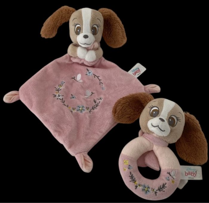 ❤️B3091 Doudou Plat Hochet Rose Lady Chien Belle Et Clochard DISNEY Baby Nicotoy