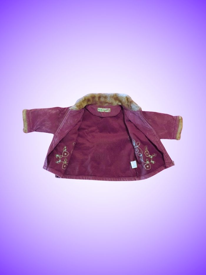 Manteau Bébé/Enfant Velours Côtelé Bordeaux Tom Kids – Col Fourrure & Broderies Florales – 12 mois, 74 cm – Très Bon État - photo numéro 3