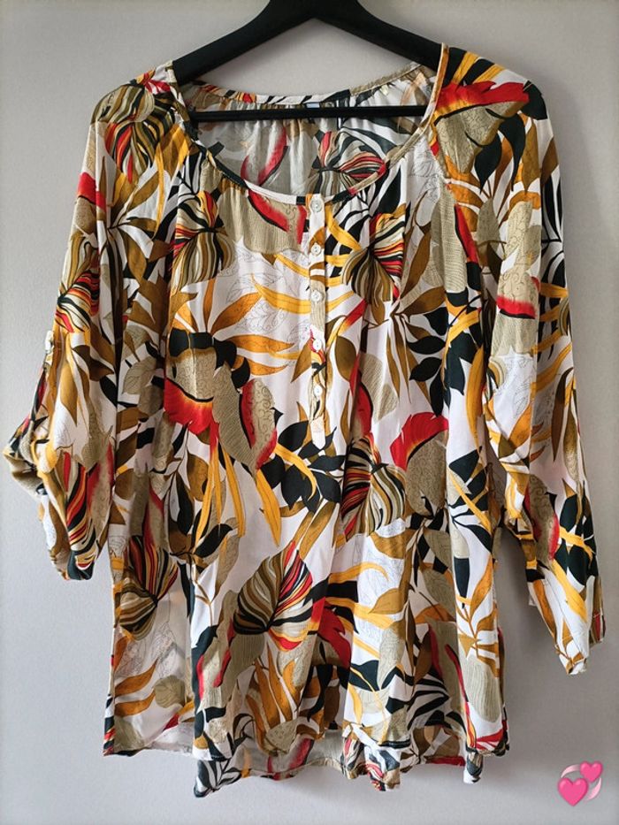 Tunique Blouse manches 3/4 retroussables imprimée feuilles T. 48