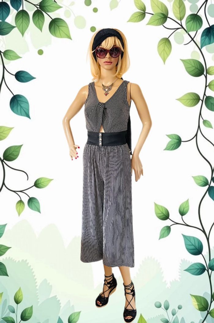 🖤🌿Combinaison rayée estivale boho city chic summer black striped Wide leg jumpsuit🌿🖤 - photo numéro 2