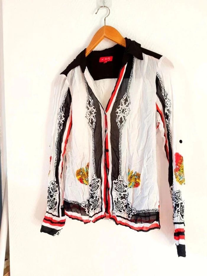 magnifique chemise manches longues, blanche, noir et rouge vintage - photo numéro 6