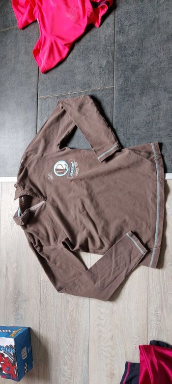 Polo d équitation brun, bord turquoise, manches longues, Fouganza, taille 14 ans