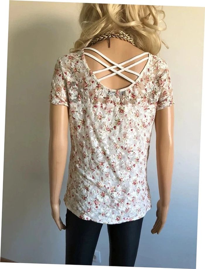 Haut blanc écru en dentelle à manches courtes Mim taille S TBE - photo numéro 7