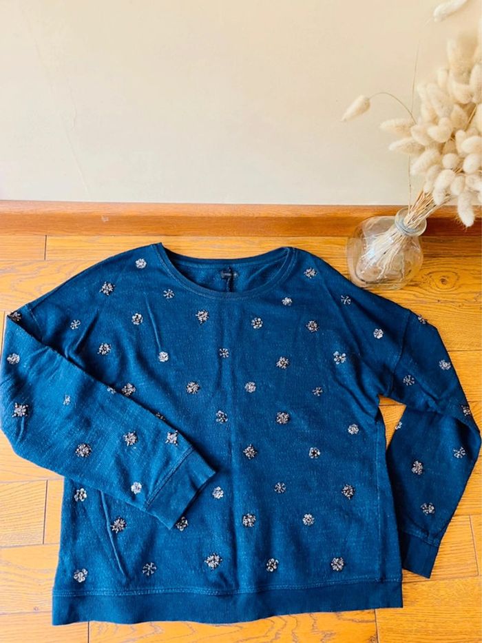 Sublime pull bleu marine oysho à perles brodé en coton taille L - photo numéro 2