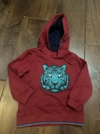 Sweat pull à capuche garcon en coton bordeaux motif tigre sergent major 3 ans