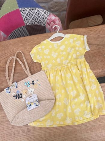 Ensemble 7 ans sergent major robe sac à main paille plage été pince fleurs jaune