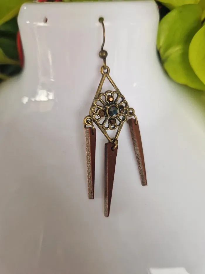 Boucles d’oreilles fantaisies couleur bronze et bois - photo numéro 3