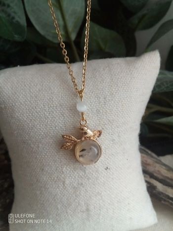 Collier oiseau pierre de labradorite et de sélénite blanche