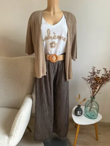 Pantalon rayé marron et blanc taille unique 100% coton