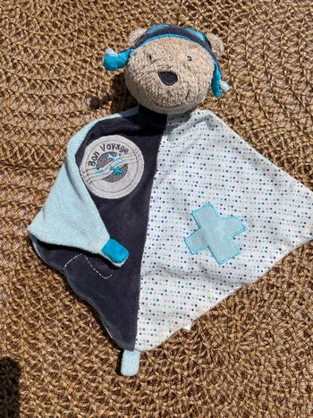 Doudou ours plat sauthon aviateur 