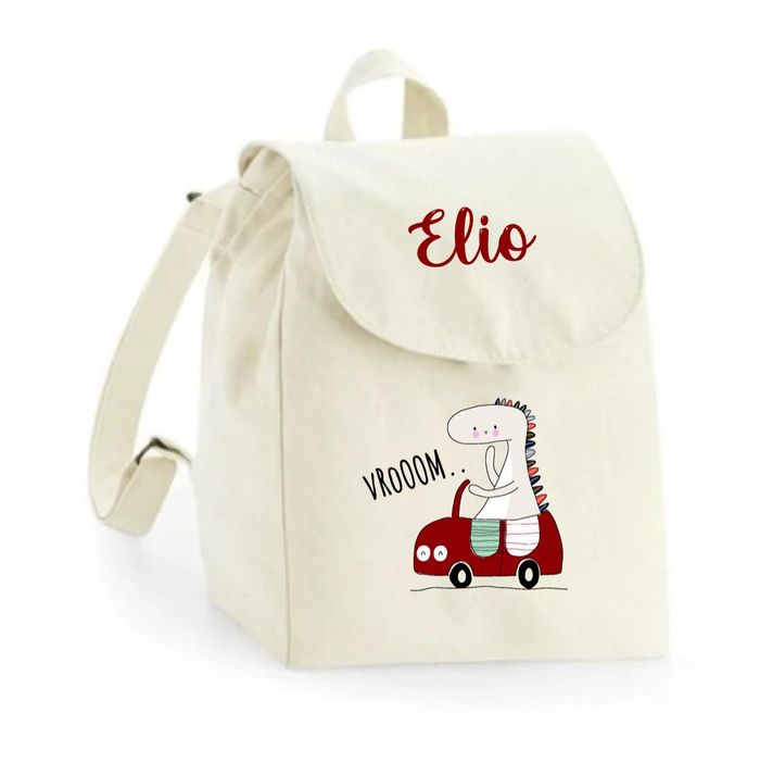 Sac à dos maternelle personnalisé prénom - Dinosaure en voiture rouge - Sac crèche coton bio - Rentrée enfant garçon - Cadeau personnalisé