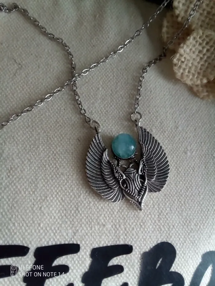 Collier scarabée argenté et pierre naturelle aigue marine - photo numéro 3