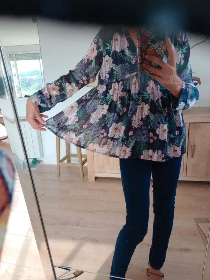 Blouse femme 40 fleurie pastel bleu marine c26 - photo numéro 8